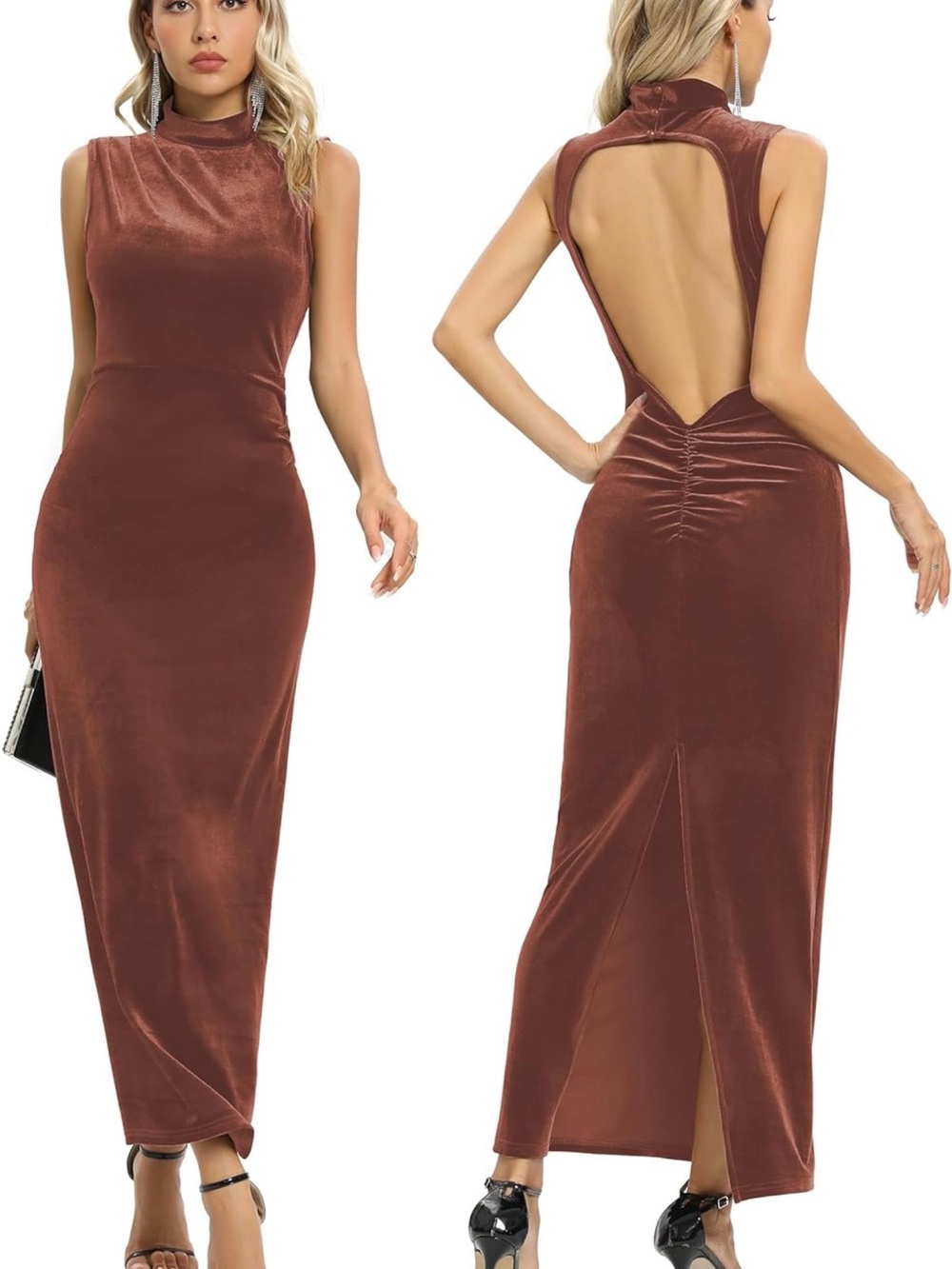 Sleeveless Open-Back Velvet Maxi Dress in Brown